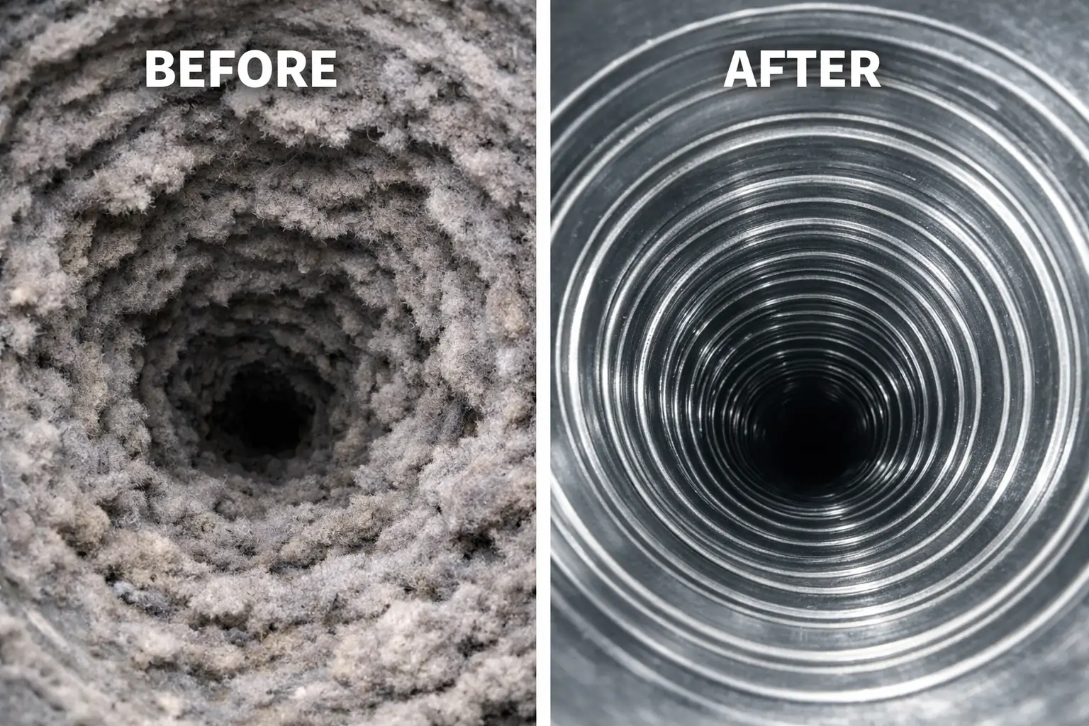 Before and after dryer vent cleaning showing clogged lint buildup vs clean vent airflow