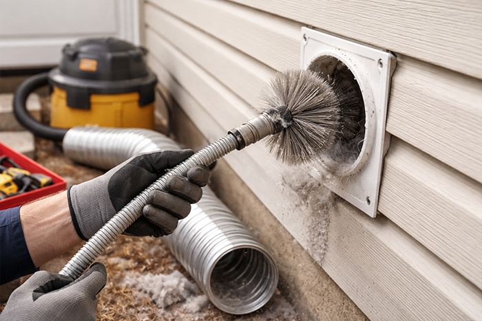 Dryer vent cleaning maintenance with professional brush removing lint buildup