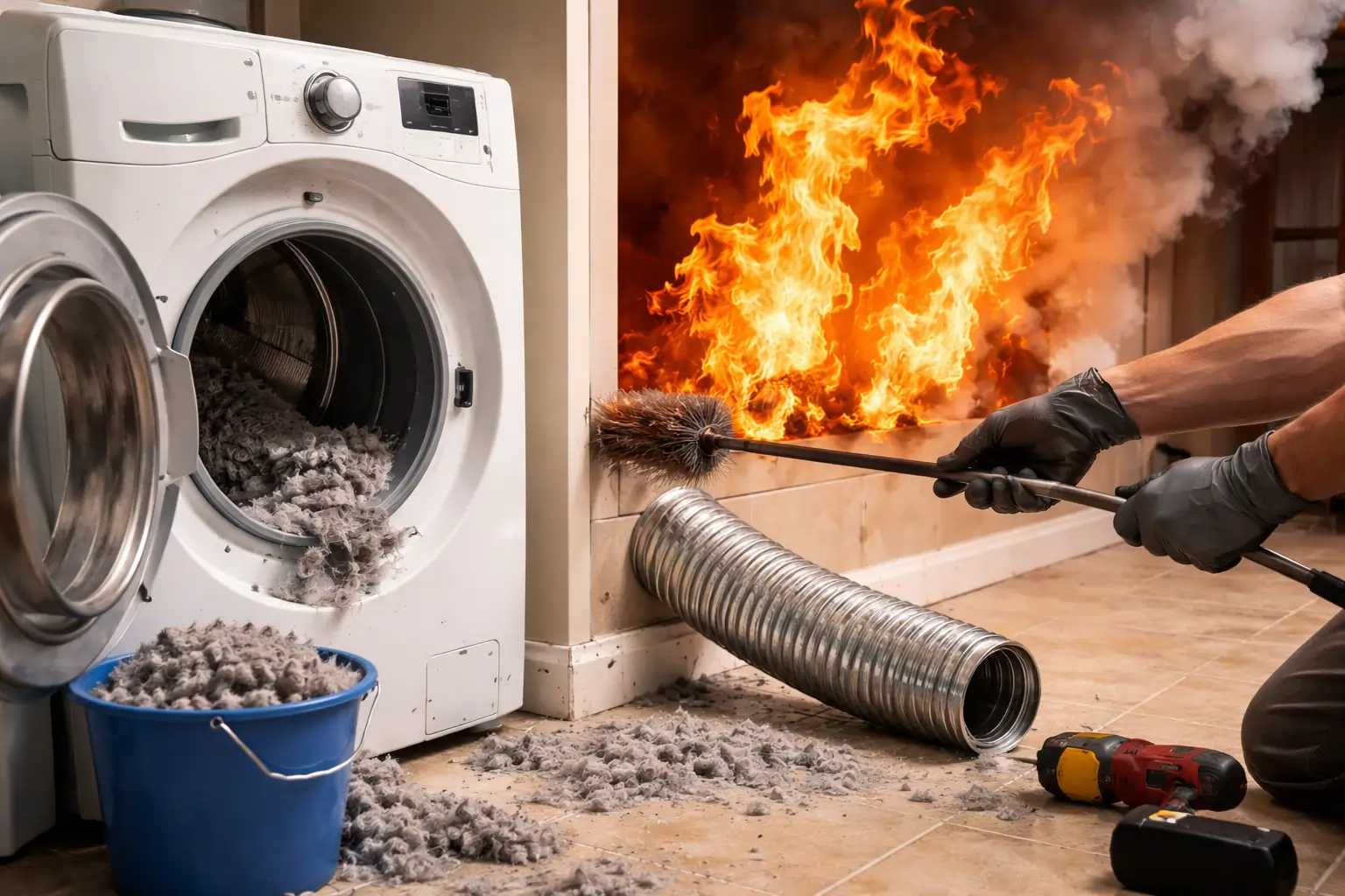Dryer vent fire hazard behind dryer with lint buildup during cleaning process
