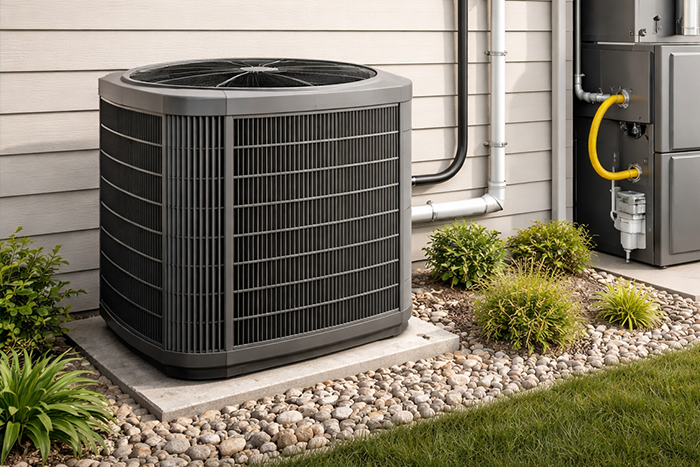 Home HVAC system outdoor unit and indoor furnace installation