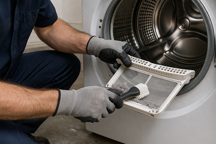 Technician cleaning dryer lint filter for improved airflow and performance